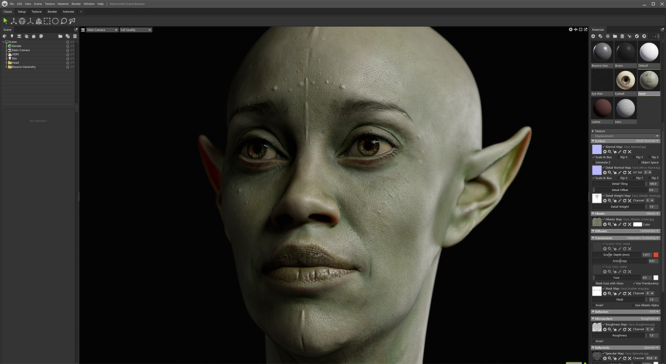 Marmoset Toolbag Render Scene with skin shader and lighting